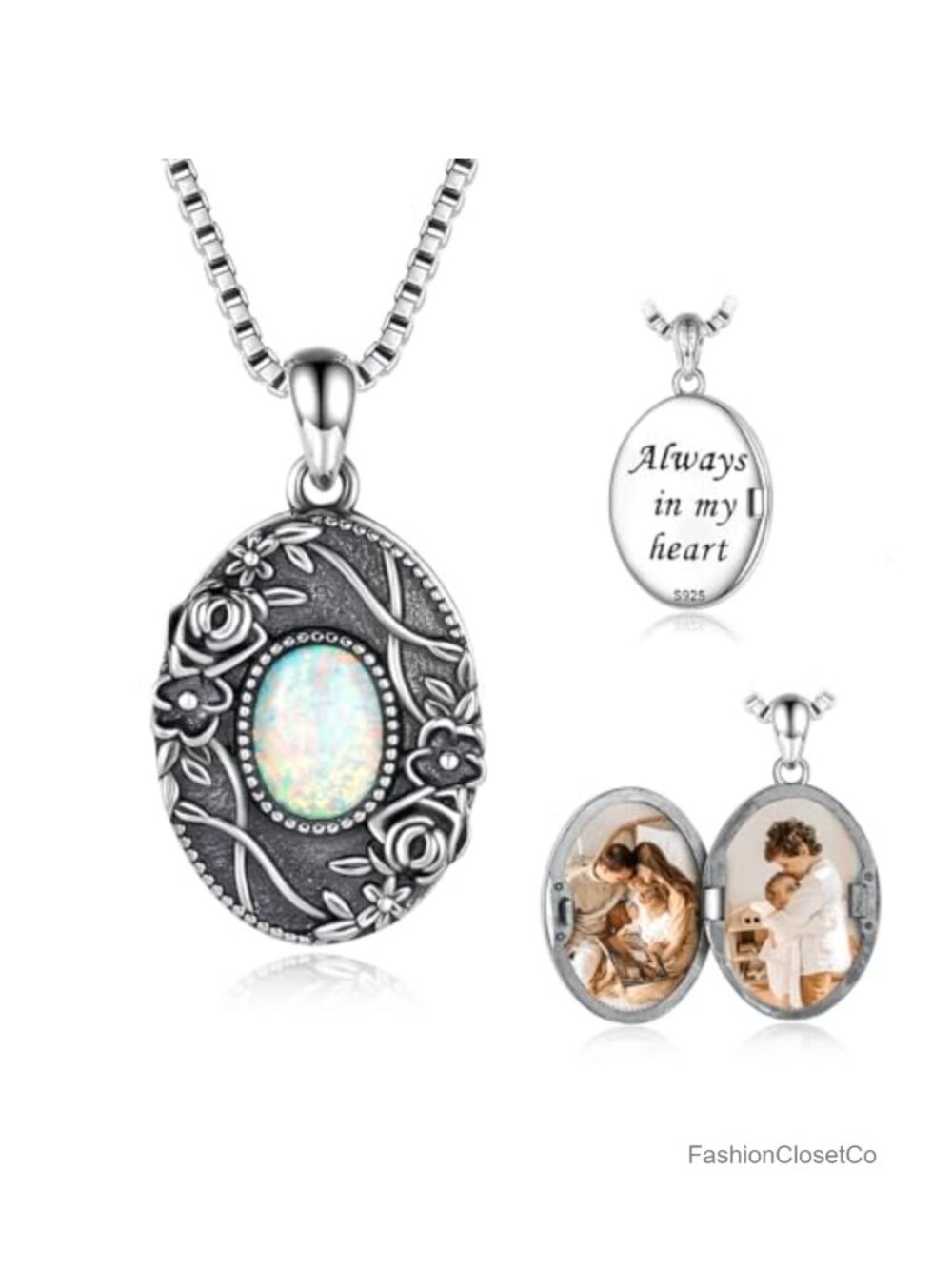 Sterling Silver Locket Necklace Women Opal Oval Photo Pendant Vintage Memory